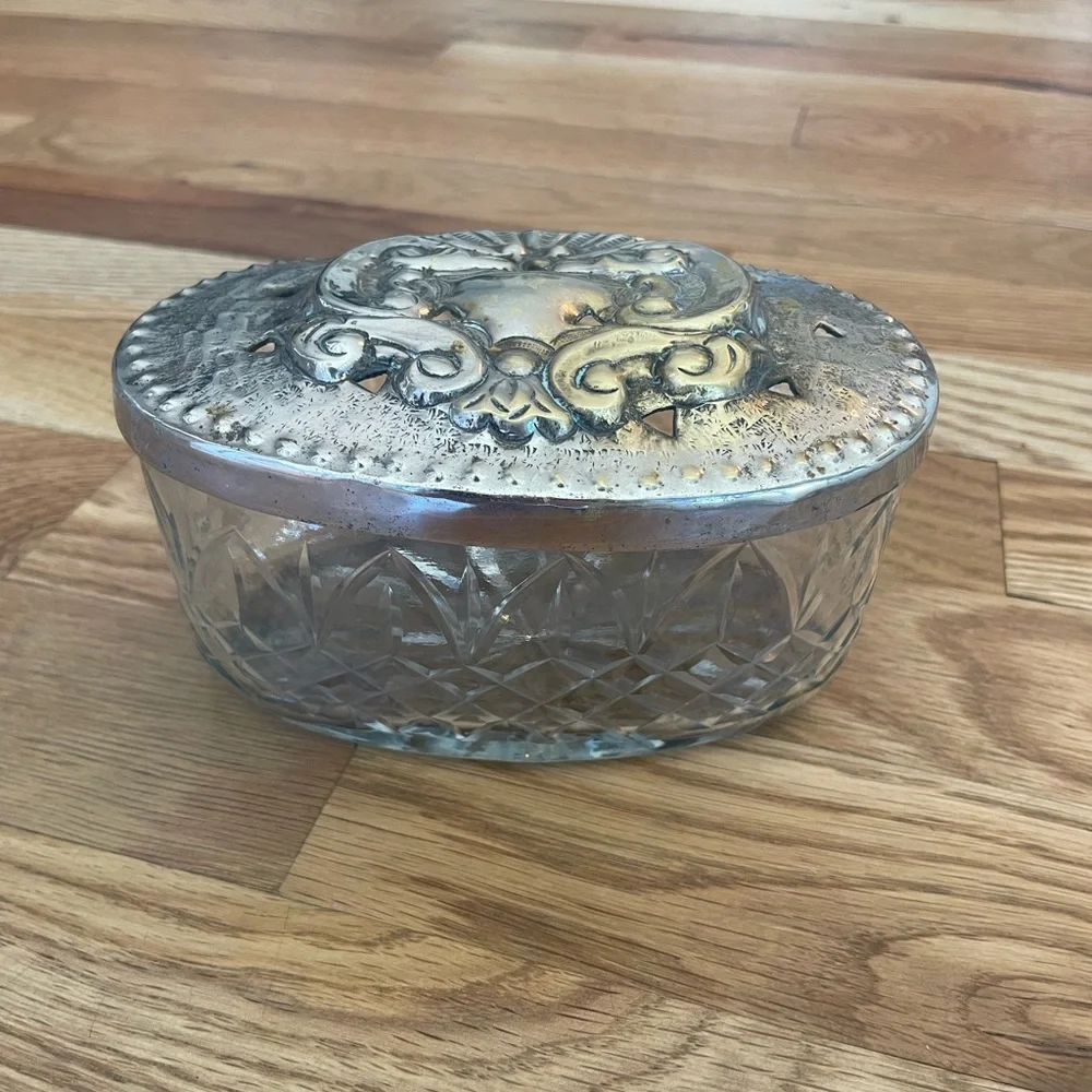 Antique Crystal Trinket Vanity Jar with detailed silver top